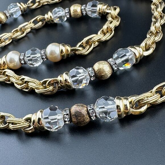 Heavy Vintage Gold Plated Chain Necklace Faux Pearl Crystal Beads Rhinestone 22" - Picture 10 of 11
